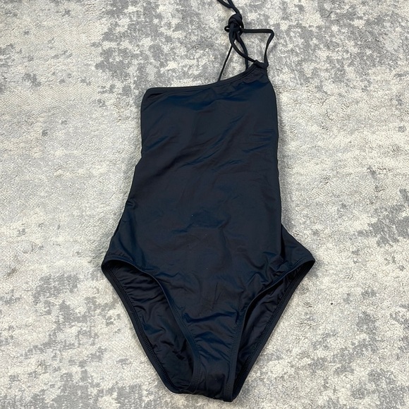 New La Blanca Island Goddess Lace Up Back One Shoulder One Piece Swimsuit Black - Picture 4 of 11